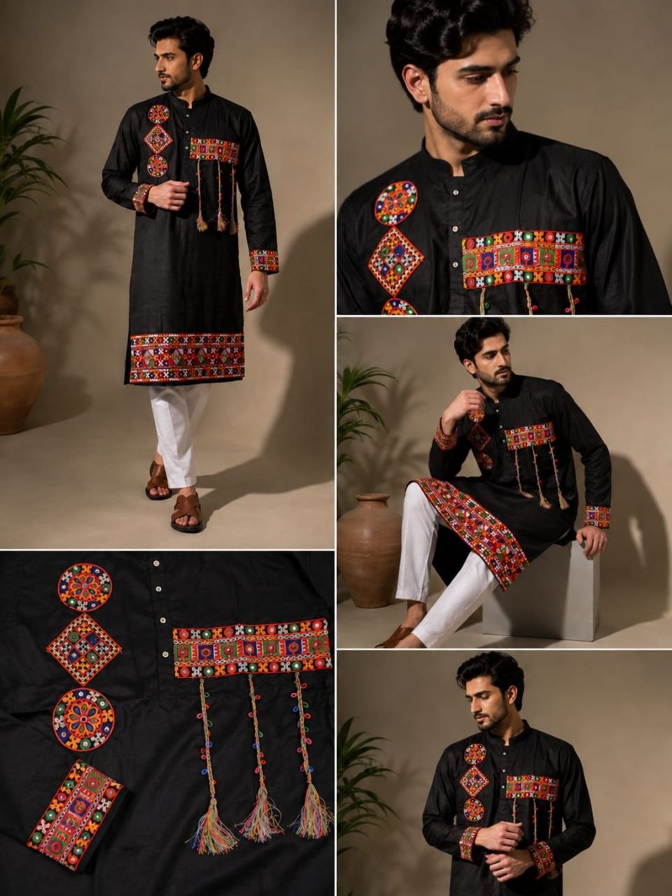 A man modeling a black kurta with colorful geometric embroidery and tassel details, shown in multiple views including full-body, close-up, seated pose, and detail close-ups against a warm beige studio background.