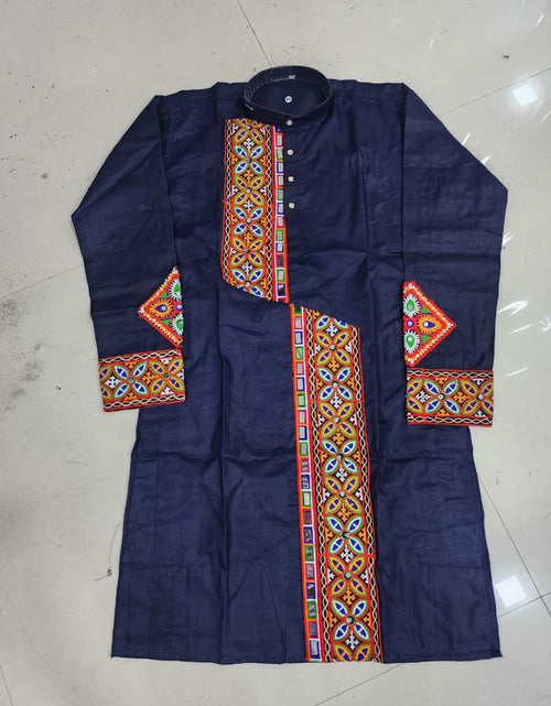 Load image into Gallery viewer, A navy blue long-sleeve kurta with colorful geometric embroidered patterns on the front placket, cuffs, and collar, laid flat on a light gray tiled floor.
