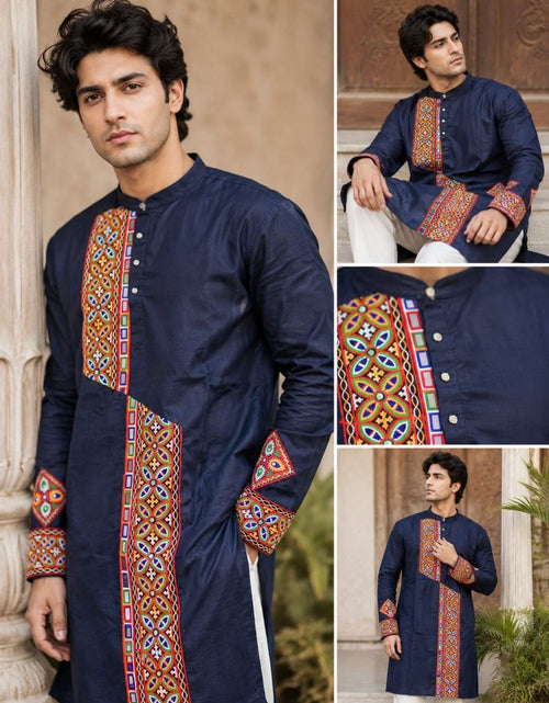 Load image into Gallery viewer, A man wearing a navy blue kurta with colorful geometric embroidered panels down the front and on the cuffs, shown in a collage with close-up detail shots of the embroidery.
