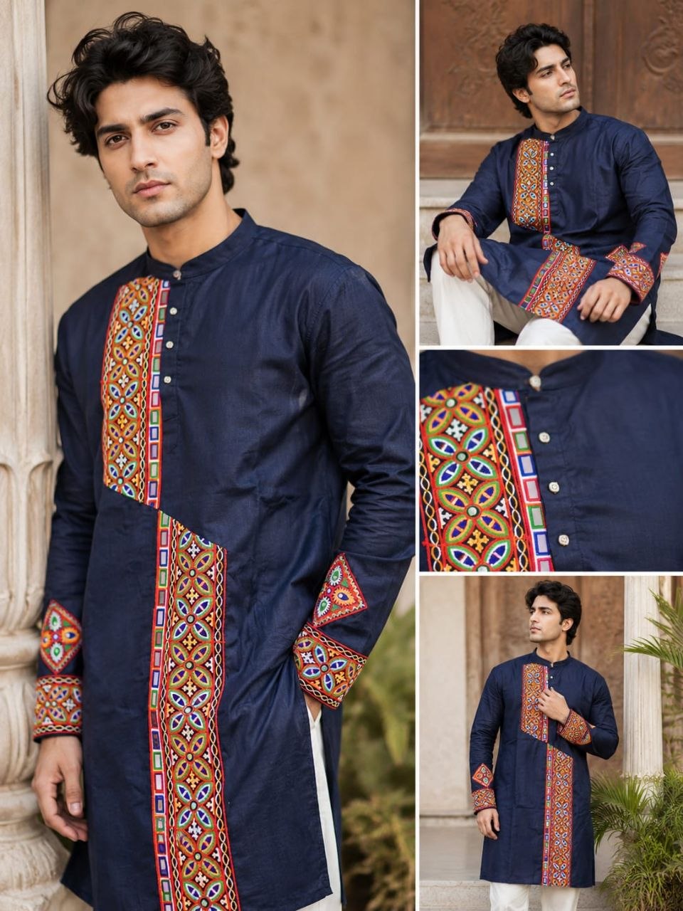 A man wearing a navy blue kurta with colorful geometric embroidered panels down the front and on the cuffs, shown in a collage with close-up detail shots of the embroidery.
