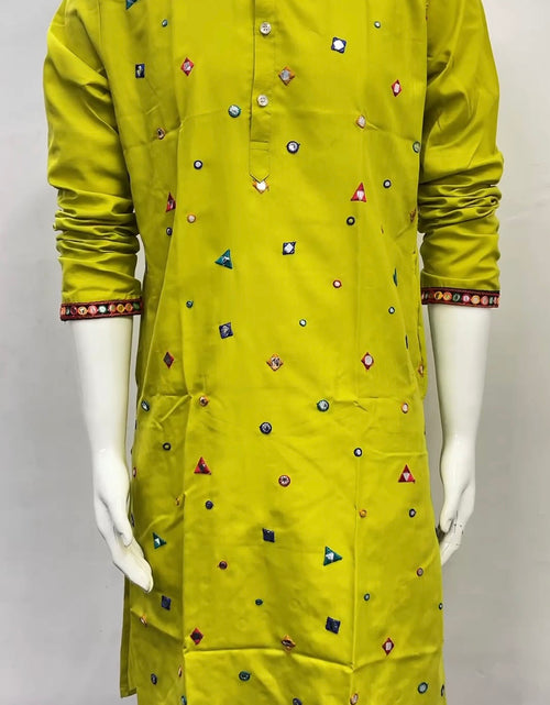 Load image into Gallery viewer, Men's Embroidered Mirror Work Green Festive Traditional Navratri &amp; Diwali Kurta Dhoti Set
