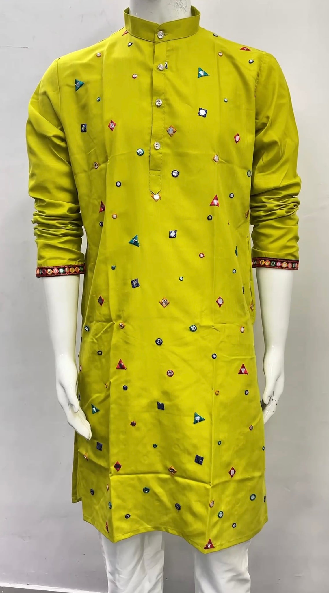 Men's Embroidered Mirror Work Green Festive Traditional Navratri & Diwali Kurta Dhoti Set