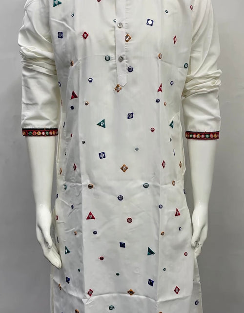 Load image into Gallery viewer, A white long kurta displayed on a mannequin, featuring small multicolored geometric prints and patterned trim on the cuffs.

