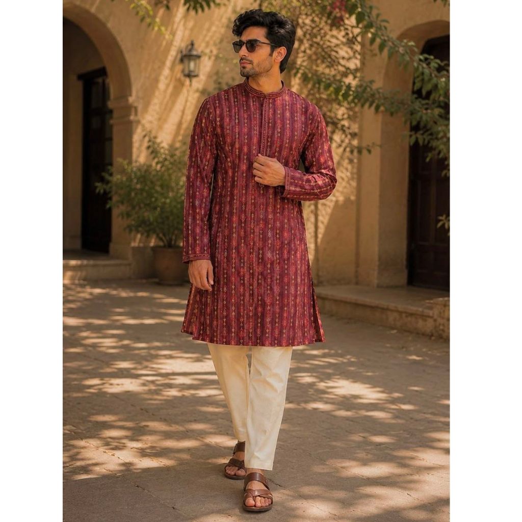 A man wearing a festive wear ethnic traditional maroon patterned long-sleeve kurta and cream-colored pants walks outdoors in front of a beige stone building with arches and trees casting shadows.