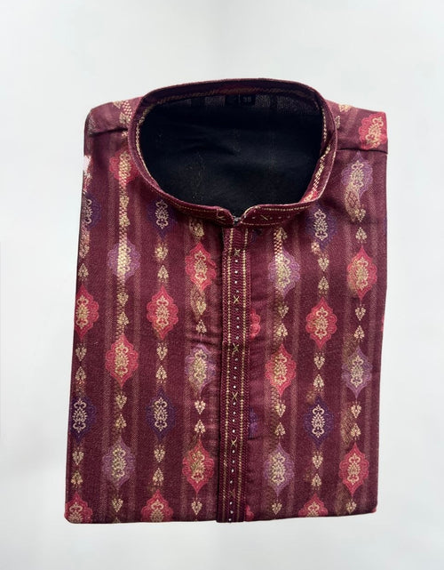 Load image into Gallery viewer, Men's Festive Maroon Silk Blend Geometric Print Kurta Set – Traditional Indian Ethnic Wear with White Pyjama mahezon
