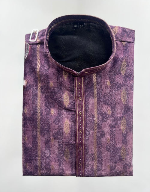 Load image into Gallery viewer, A folded purple patterned kurta with a mandarin collar, featuring vertical gold and beige stripes, a central decorative button placket, and a silver metal belt buckle on the side, shown against a plain light gray background.
