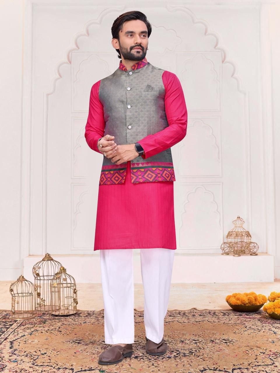 Couple Wear Traditional Indian Ethnic Men Kurta Pajama Koti and Women Saree mahezon