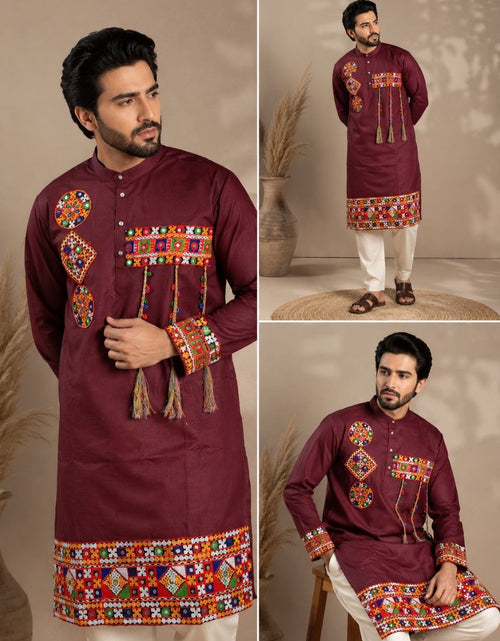Load image into Gallery viewer, A man modeling a maroon long kurta with colorful geometric embroidery and tassel details, shown in three views against a warm beige studio background.

