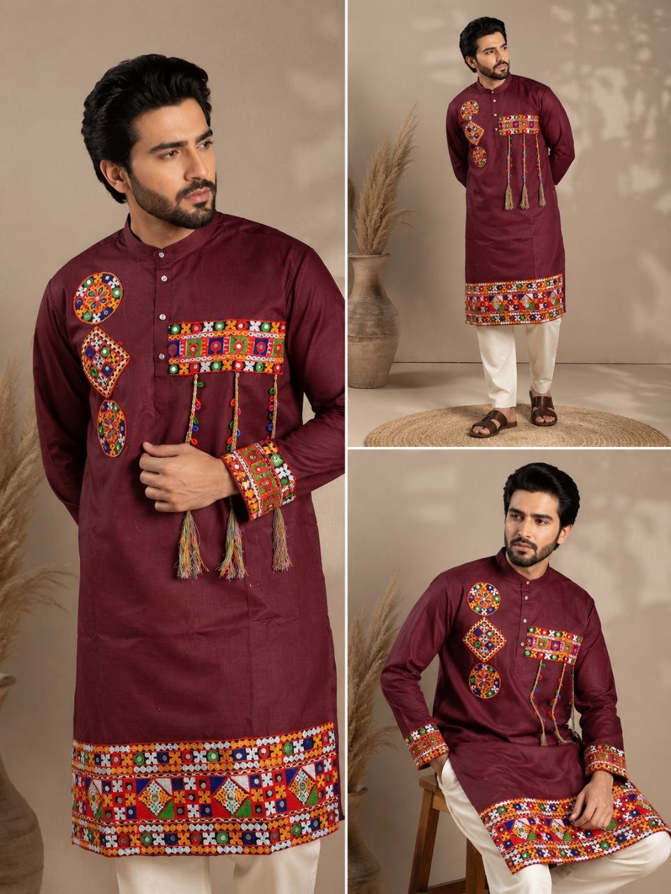 A man modeling a maroon long kurta with colorful geometric embroidery and tassel details, shown in three views against a warm beige studio background.