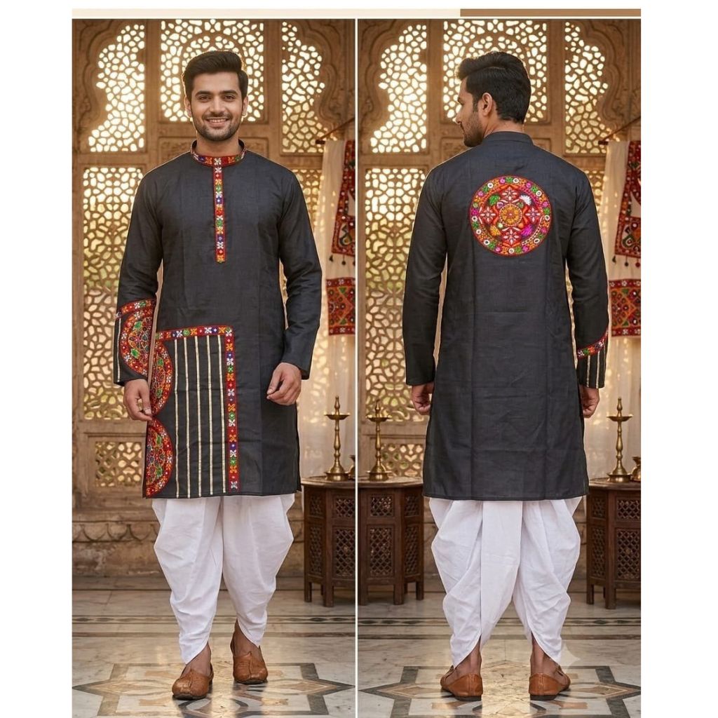 A man modeling a dark charcoal gray kurta from the front and back, paired with white dhoti pants and brown leather shoes. The kurta features colorful embroidered details on the neckline, cuffs, and a large circular mandarin-pull back design.