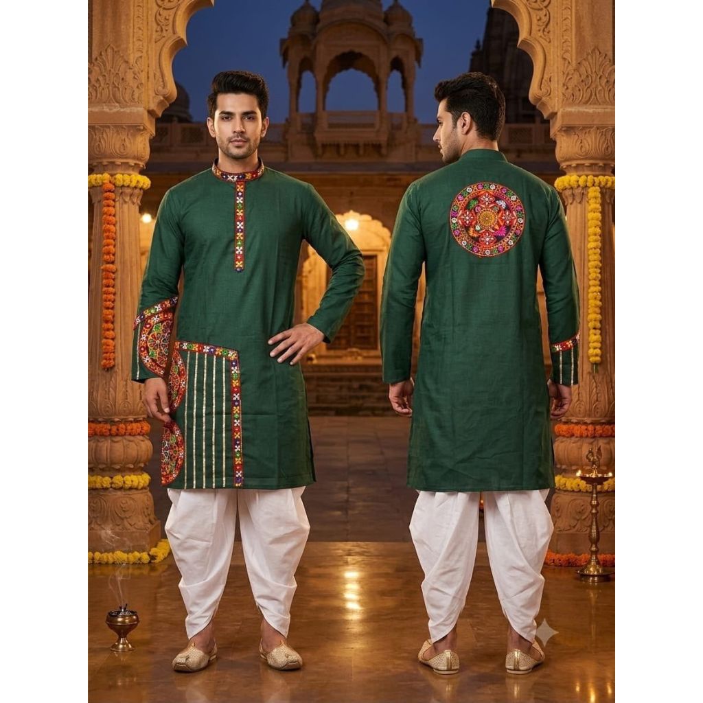 A man modeling a dark green traditional Indian kurta with colorful embroidery, paired with white dhoti pants, shown from both front and back views against an ornate architectural backdrop.