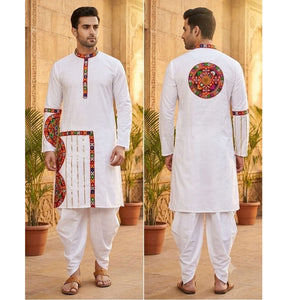 A man modeling a white traditional Indian kurta set with colorful embroidered details, shown in front and back views against a warm architectural background with potted plants.