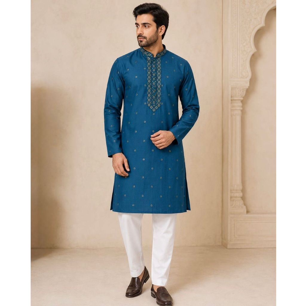A man modeling a teal blue kurta with small gold motifs and a decorative embroidered yoke, paired with white trousers and brown shoes, standing in a beige architectural setting.