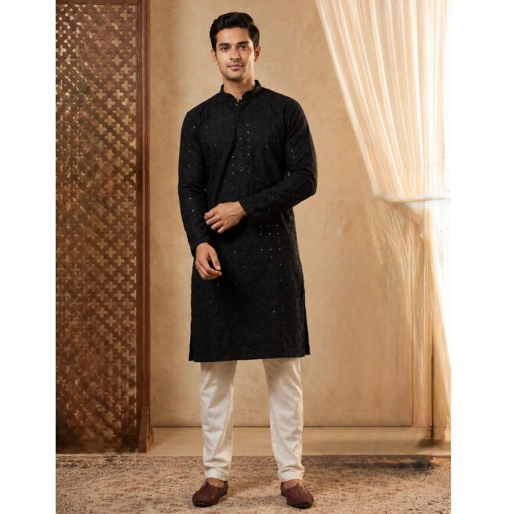 A man modeling a black long-sleeve kurta with subtle silver embroidery, paired with off-white trousers and brown loafers, standing in a warm-toned studio setting with a textured screen and draped curtains.