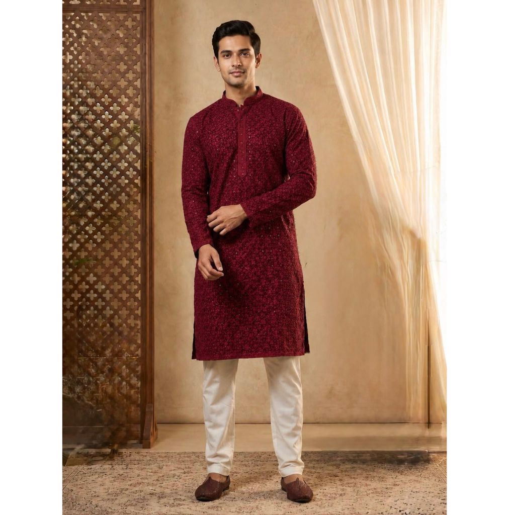 A man modeling a deep maroon long-sleeve kurta with a subtle floral pattern, paired with off-white trousers and brown shoes, standing in a warm, decorated indoor setting.