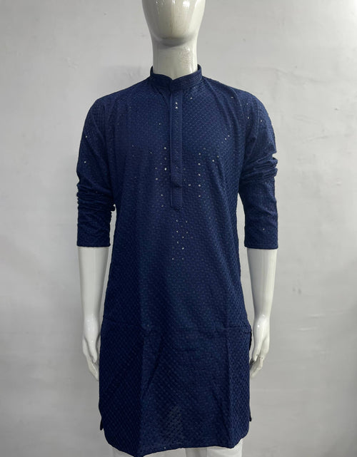 Load image into Gallery viewer, A dark navy blue long-sleeve kurta with a textured dotted pattern and small metallic embellishments, displayed on a white mannequin against a light gray background.
