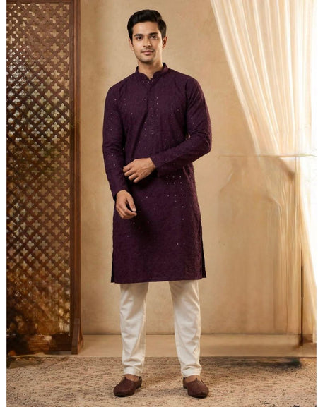 A man modeling a traditional Indian wine long-sleeve kurta with subtle embroidered patterns, paired with off-white trousers and brown shoes, standing in a warm-toned indoor setting with a patterned screen and sheer curtain.