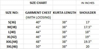 Load image into Gallery viewer, A size chart table showing garment chest measurements, kurta length, and shoulder measurements in inches for size numbers S(36) through 3XL(46).
