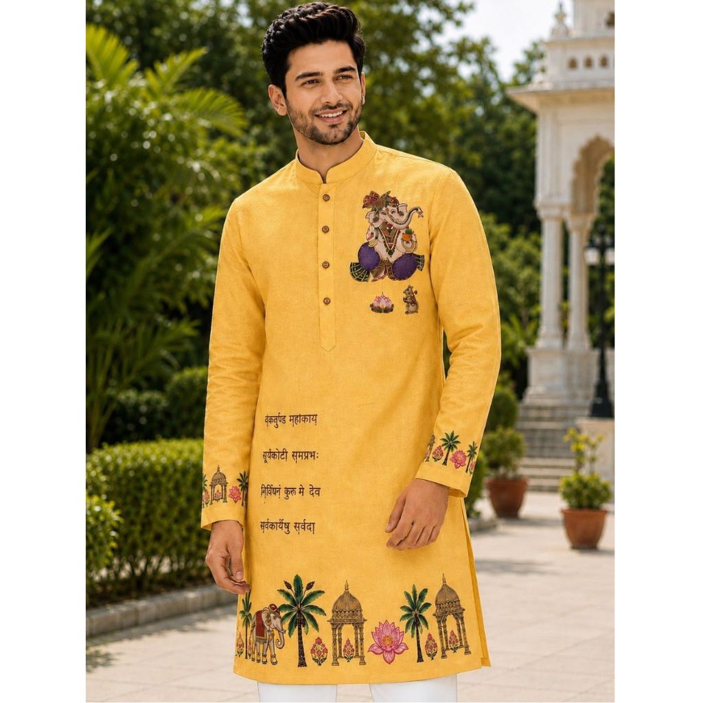 A man wearing a bright yellow Indian kurta with colorful traditional embroidery and text, standing outdoors in a garden setting with a white architectural structure in the background.
