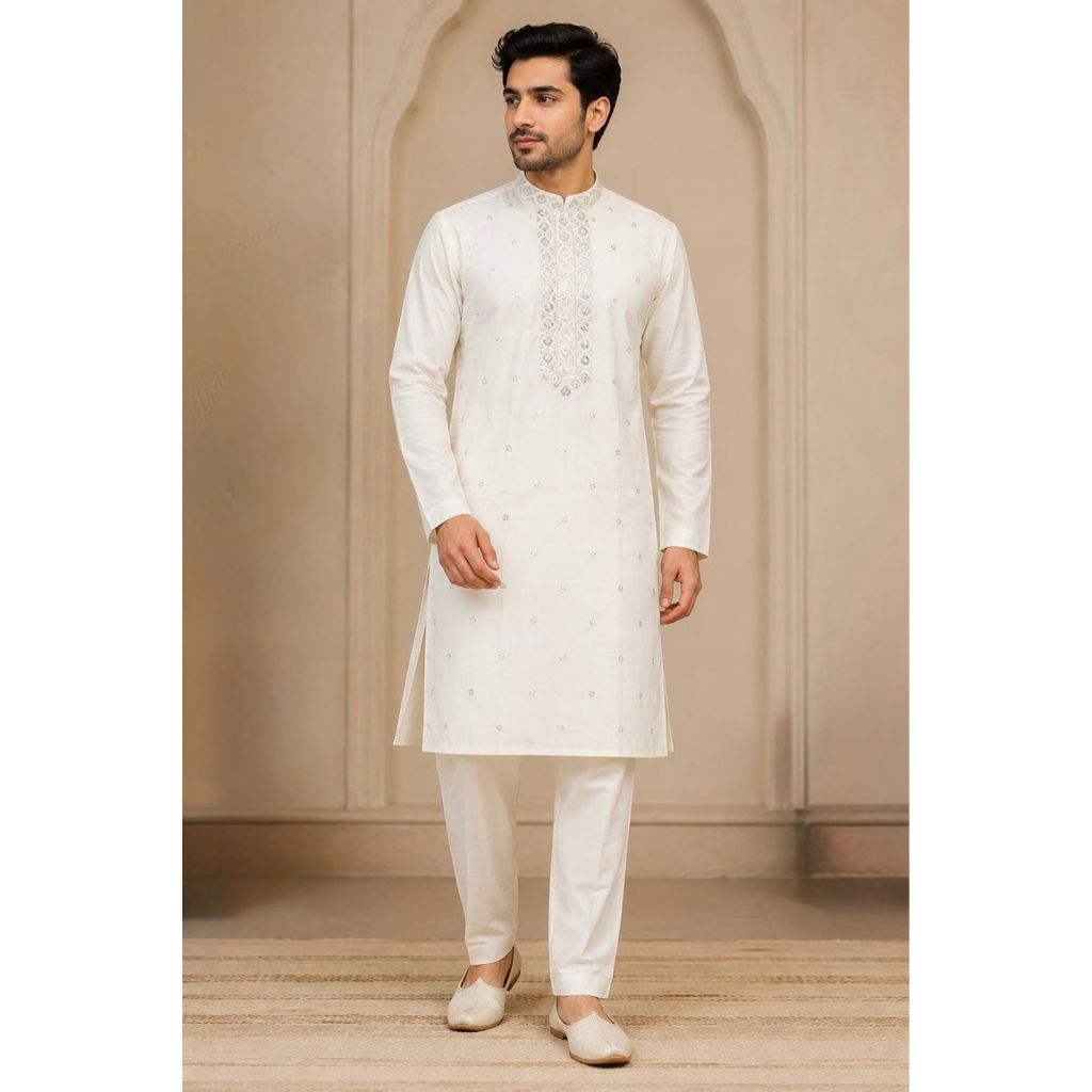 A man wearing a traditional white Indian kurta and matching trousers, standing in front of a beige arched wall background.