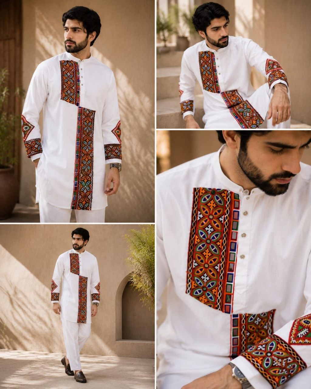A man modeling a white traditional kurta with colorful geometric embroidered panels on the chest, front placket, and cuffs, shown in a four-panel collage against warm beige architectural backgrounds.