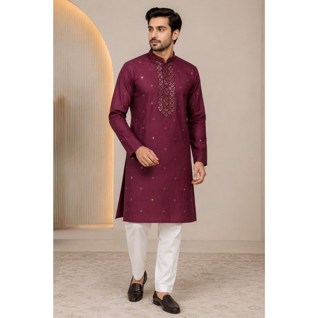 A man modeling a deep maroon long-sleeve kurta with silver embroidery on the chest and scattered motifs, paired with white trousers and black loafers, standing in a studio setting.