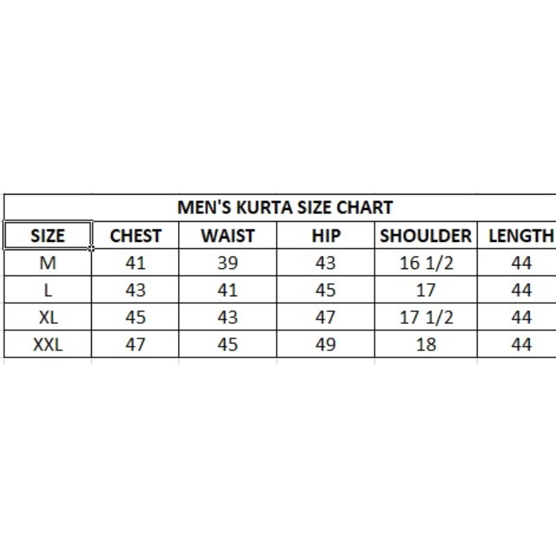 Mens Kurta Size Chart