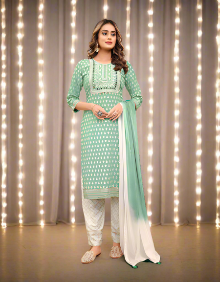 Exclusive Pista Green Naira cut Kurti Pant Dupatta Suit mahezon