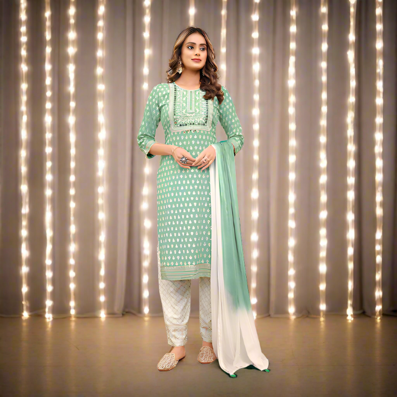 Exclusive Pista Green Naira cut Kurti Pant Dupatta Suit mahezon