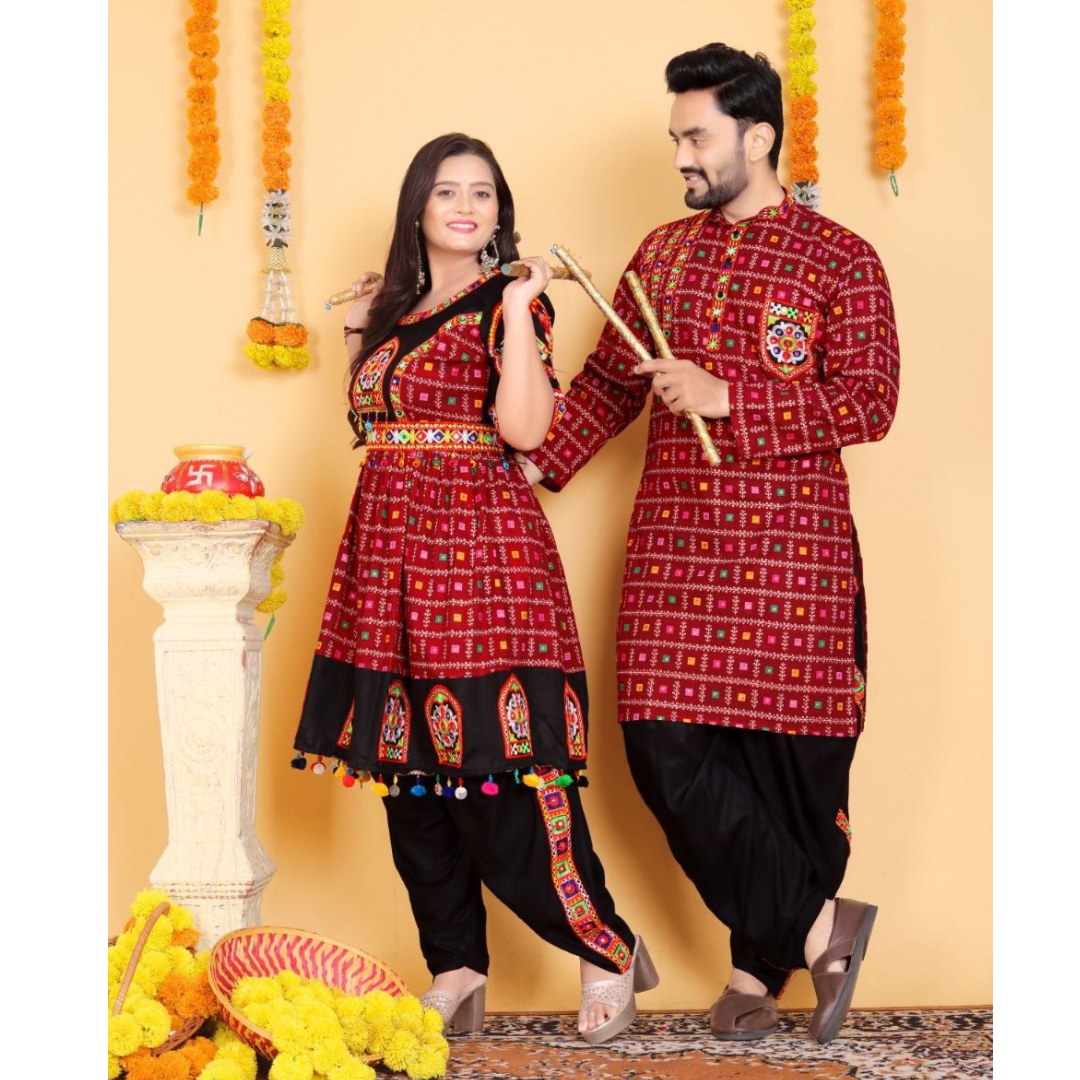 Navratri Traditional Indian Maroon Couple Wear Same Matching Outfits Set Dress mahezon