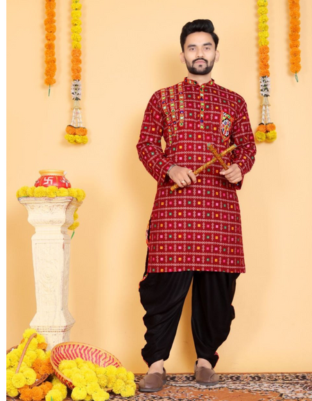 Navratri Traditional Indian Maroon Men Kurta Dhoti Set mahezon