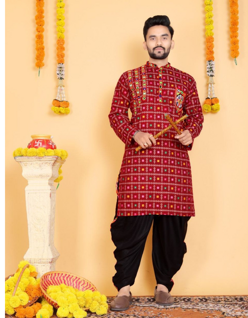 Load image into Gallery viewer, Navratri Traditional Indian Maroon Men Kurta Dhoti Set mahezon
