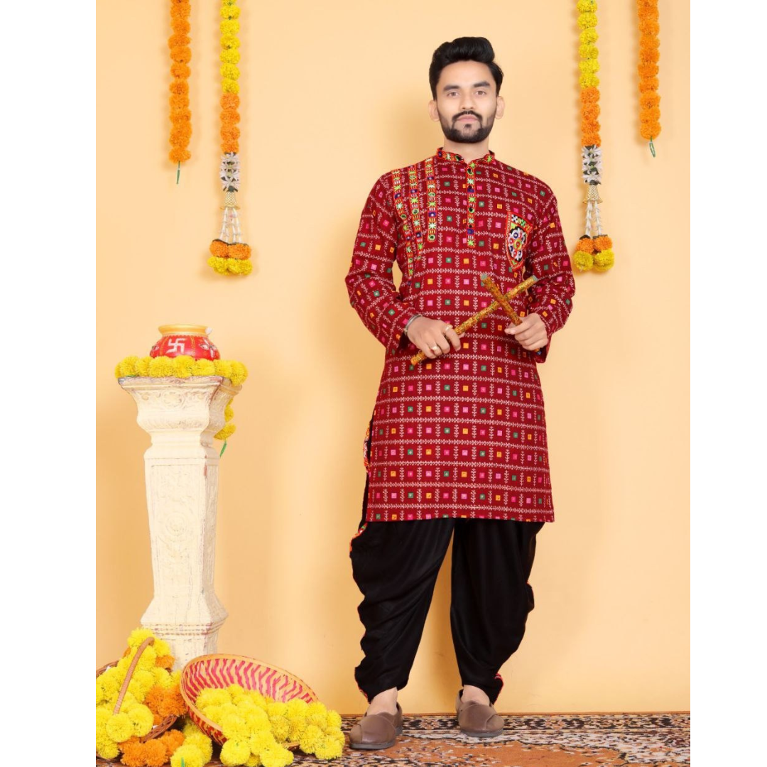 Navratri Traditional Indian Maroon Men Kurta Dhoti Set mahezon