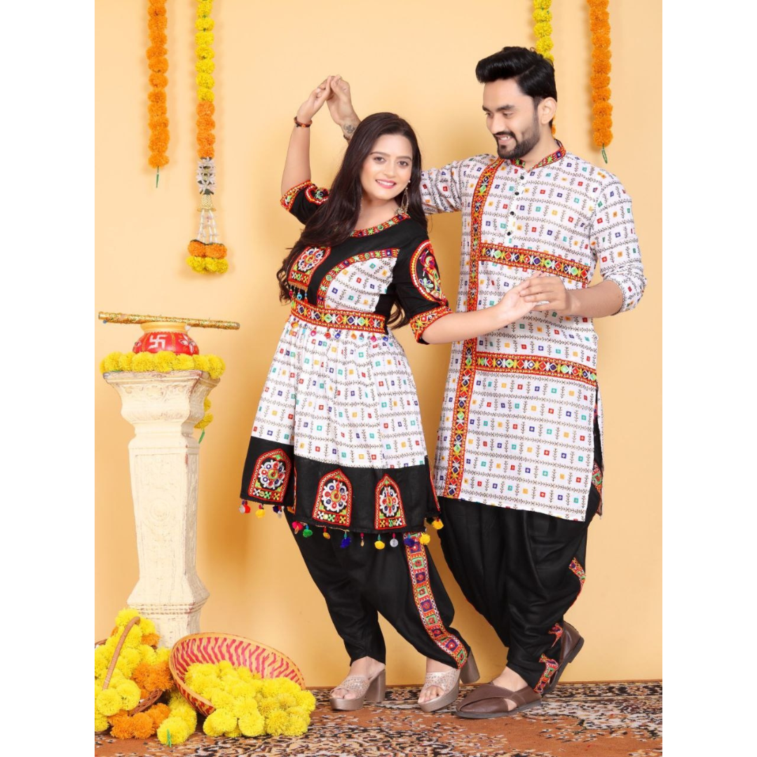 Navratri Traditional Indian White Couple Wear Same Matching Outfits Set Dress mahezon