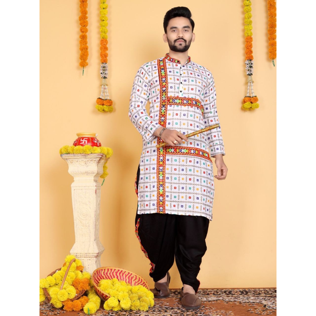 Navratri Traditional Indian White Men Kurta Dhoti Set mahezon