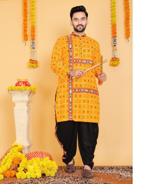 Load image into Gallery viewer, Navratri Traditional Indian Yellow Men Kurta Dhoti Set mahezon
