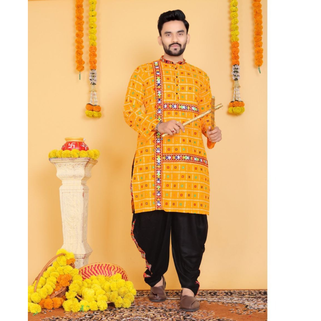 Navratri Traditional Indian Yellow Men Kurta Dhoti Set mahezon