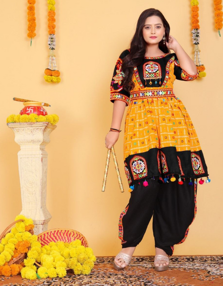 Navratri Traditional Indian Yellow Women Kedia with Dhoti Set mahezon
