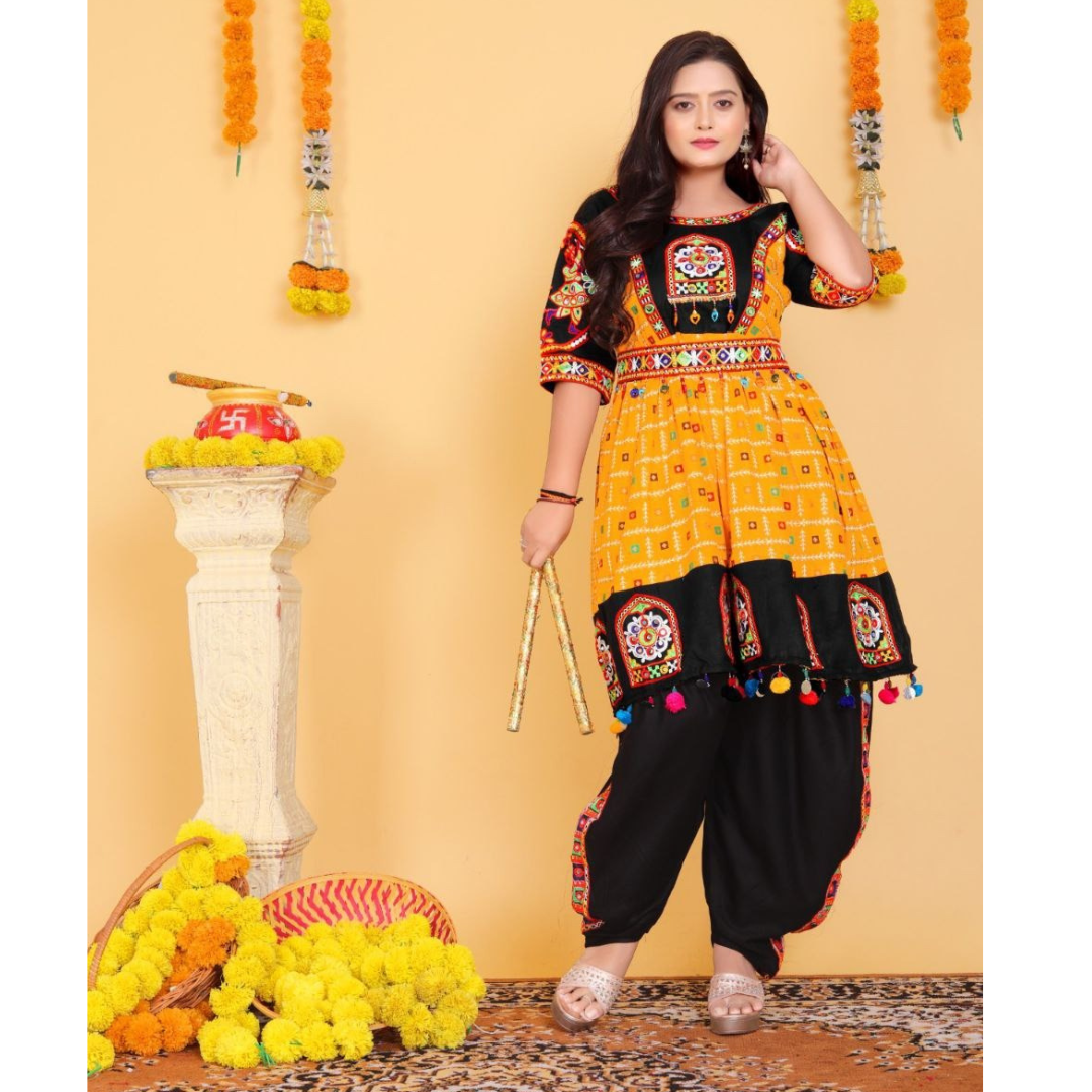 Navratri Traditional Indian Yellow Women Kedia with Dhoti Set mahezon