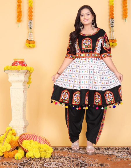 Navratri Embroidered Traditional Indian White Women Kedia with Dhoti Set mahezon