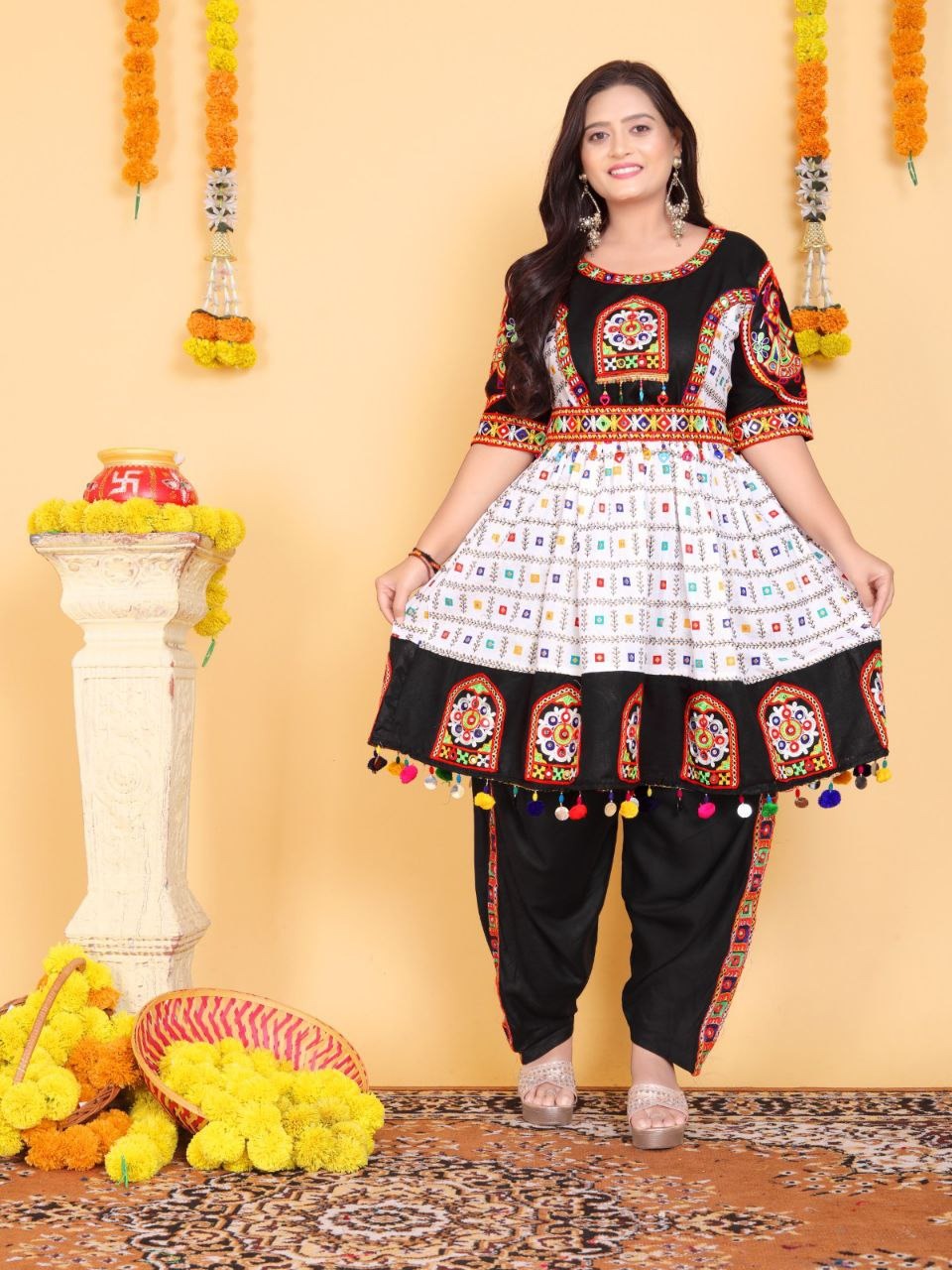 Navratri Embroidered Traditional Indian White Women Kedia with Dhoti Set mahezon