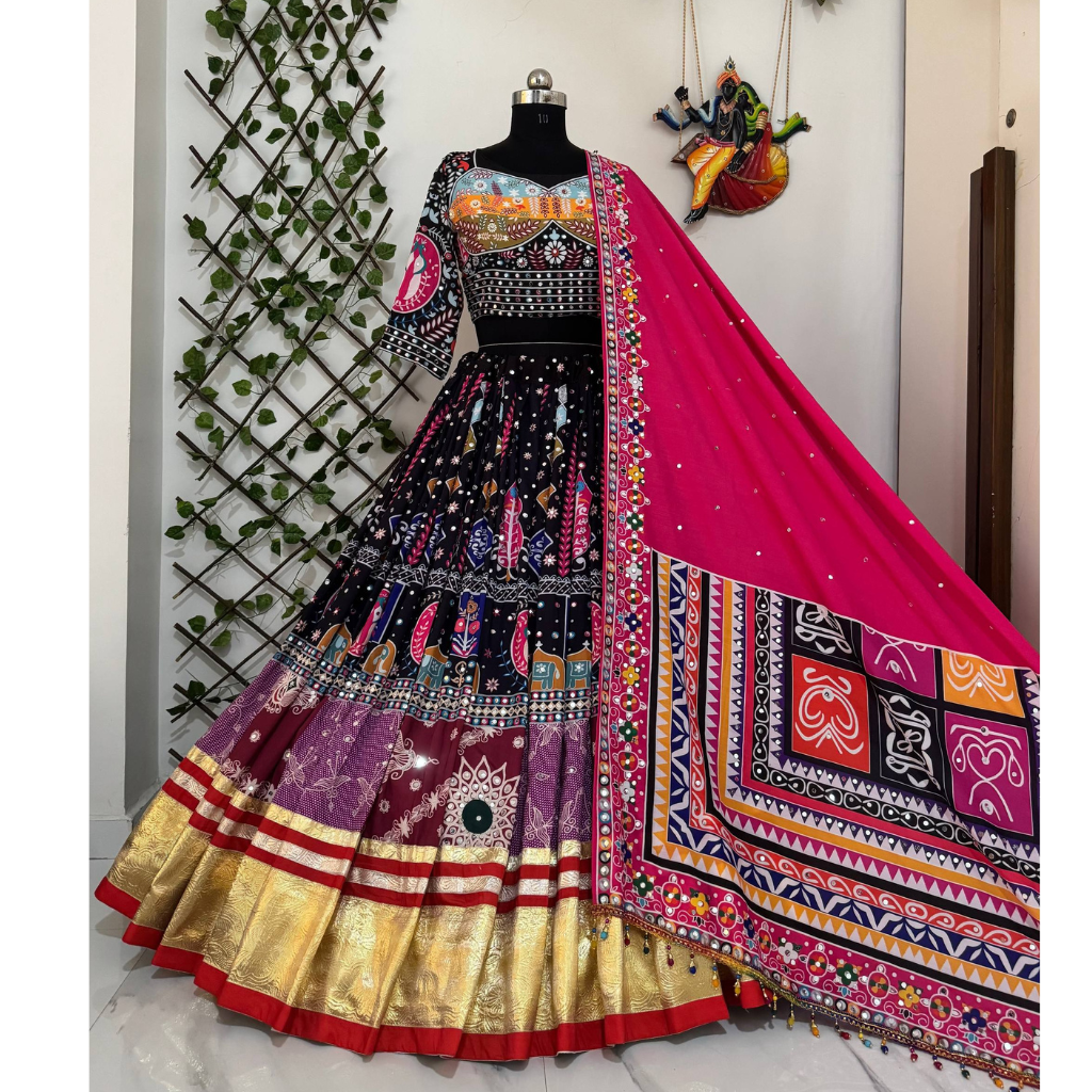 Navratri Garba Black Embroidery Mirror Work Women Chaniya Choli mahezon
