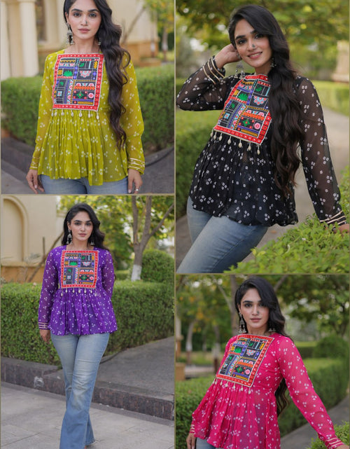 Load image into Gallery viewer, A four-panel collage showing a woman modeling the same long-sleeve peplum top in four different colors: yellow-green, black, purple, and pink. Each top has a colorful embroidered patch on the chest and white printed motifs.
