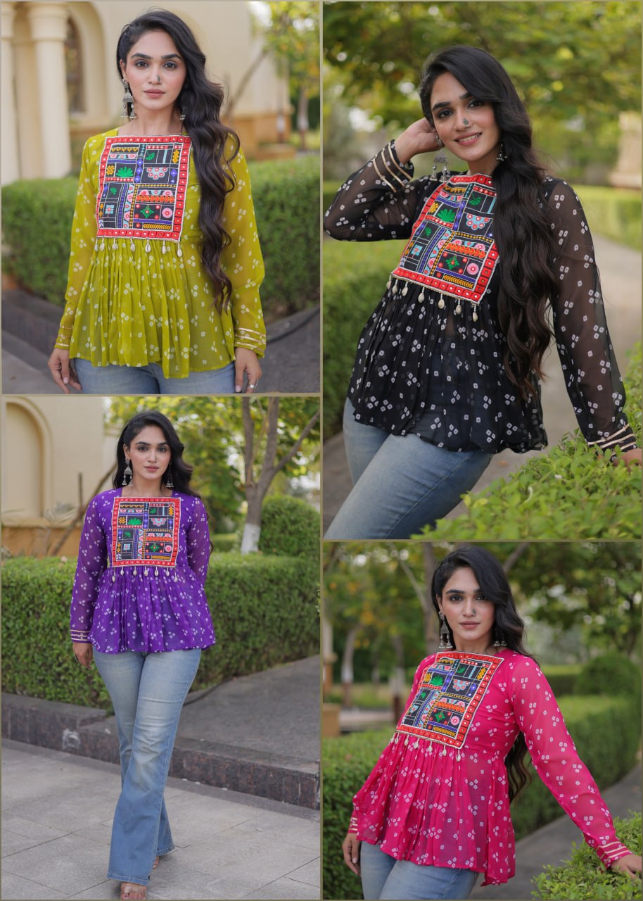A four-panel collage showing a woman modeling the same long-sleeve peplum top in four different colors: yellow-green, black, purple, and pink. Each top has a colorful embroidered patch on the chest and white printed motifs.