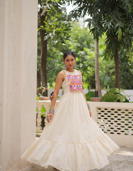 Navratri Garba Traditional Embroidery White Women Gown mahezon