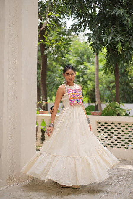 Navratri Garba Traditional Embroidery White Women Gown mahezon