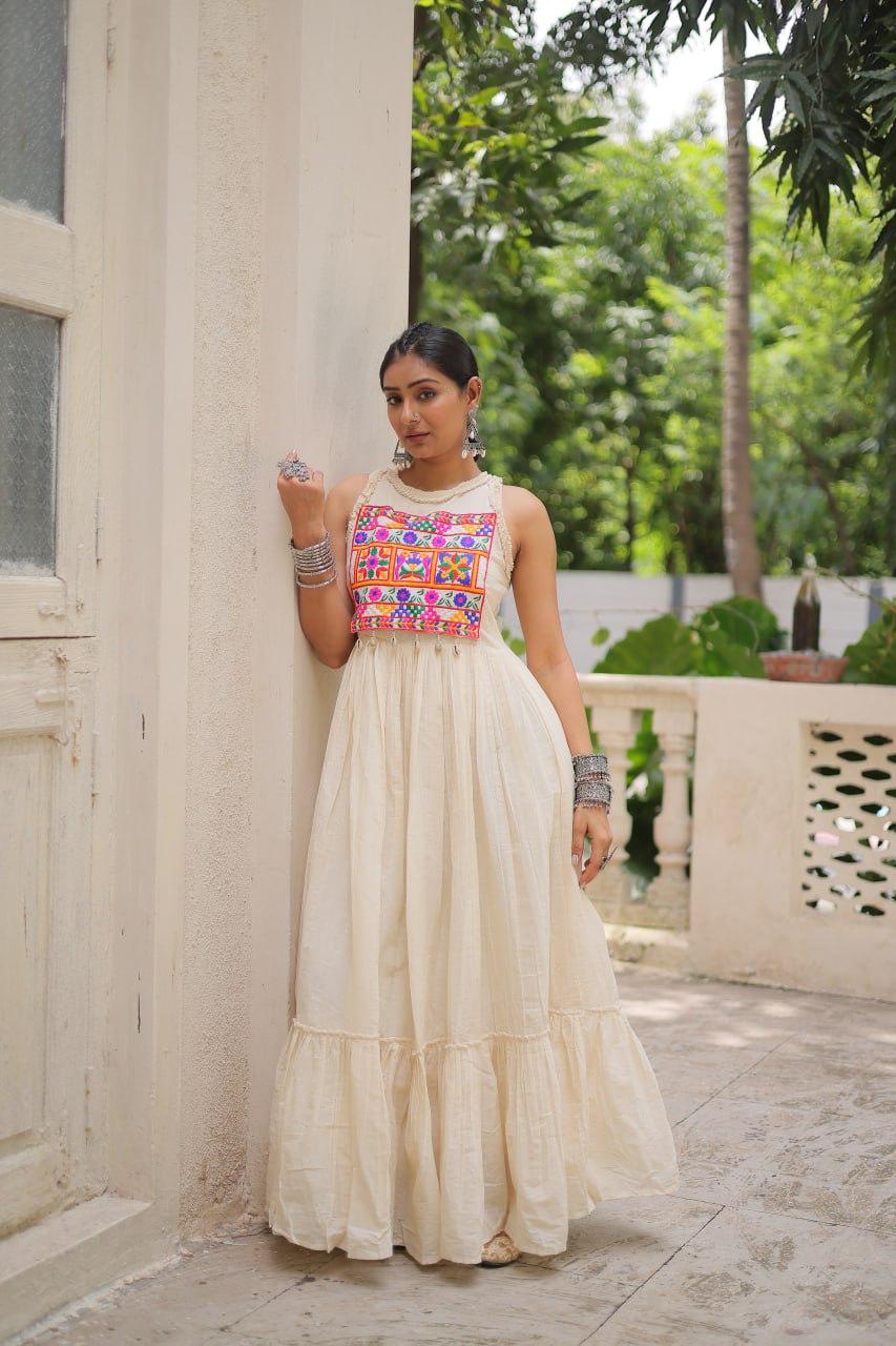 Navratri Garba Traditional Embroidery White Women Gown mahezon