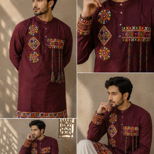 A man modeling a maroon long-sleeve kurta with colorful embroidered patterns on the chest, cuffs, and hem, shown in a four-panel collage against a textured beige wall.