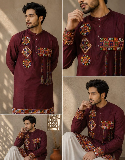 Load image into Gallery viewer, A man modeling a maroon long-sleeve kurta with colorful embroidered patterns on the chest, cuffs, and hem, shown in a four-panel collage against a textured beige wall.
