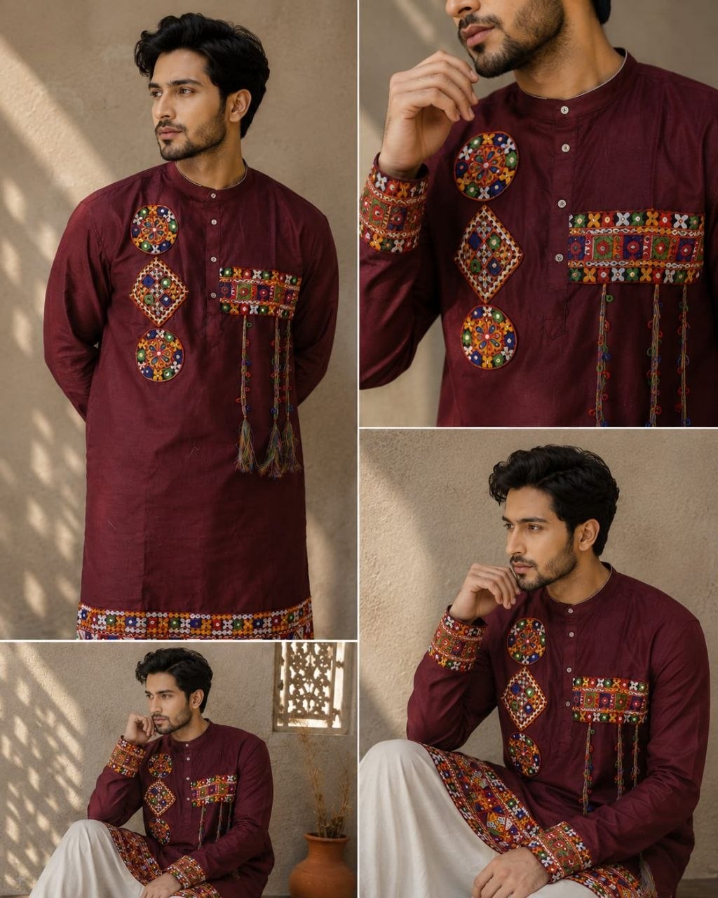 A man modeling a maroon long-sleeve kurta with colorful embroidered patterns on the chest, cuffs, and hem, shown in a four-panel collage against a textured beige wall.